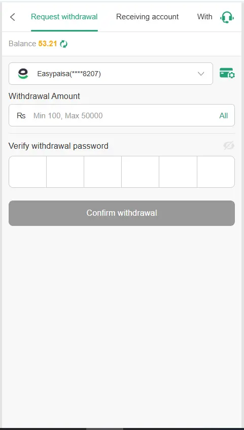357PK Game withdrawal request and payment account screen