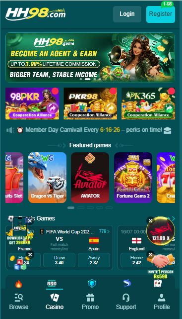 HH98 Game home screen with games and wallet options