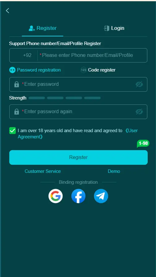 HH98 Game account registration screen on Android