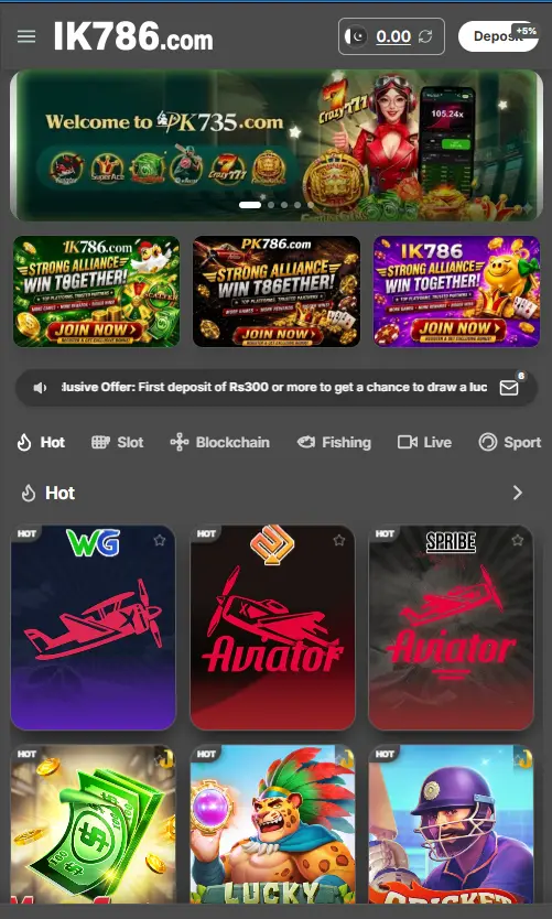 IK786 Game mobile app home dashboard and game categories