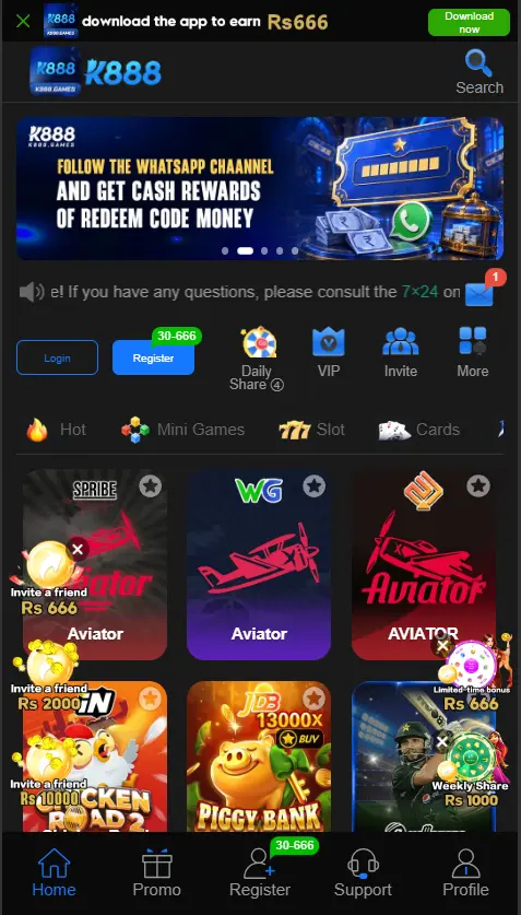K888 Game home screen with game options and account menu