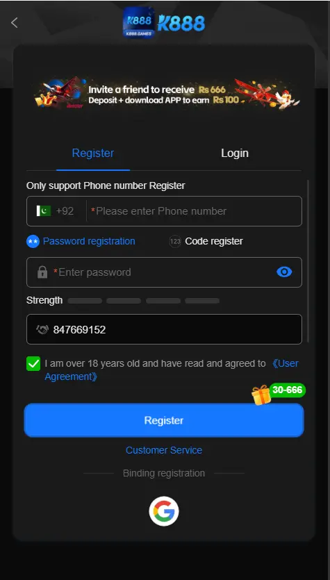 registration page for creating a new account of K888 Game