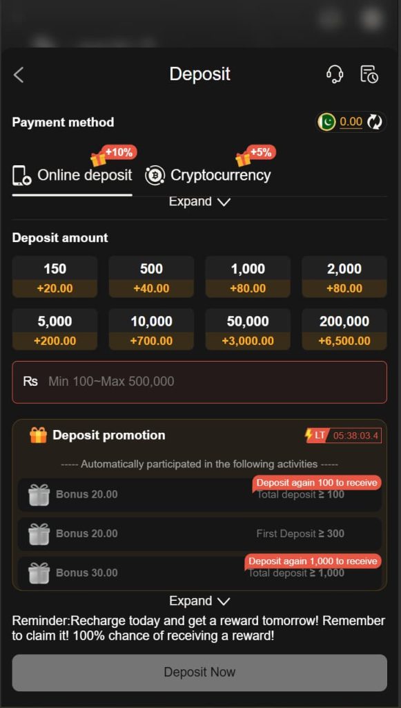 deposit page showing wallet balance, payment options, and deposit amount field