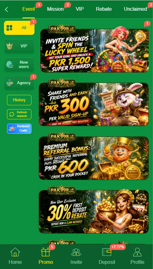 Pak998 Game bonus offers including welcome rewards, login gifts, and promotions