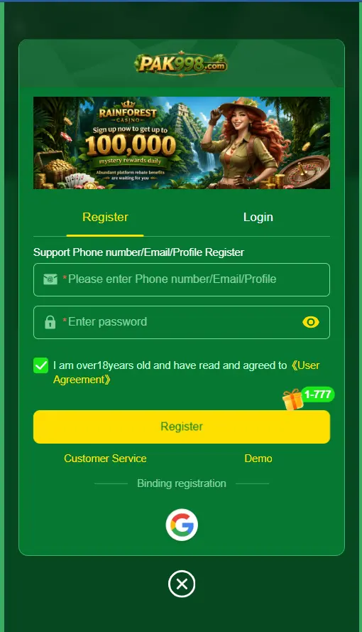 Pak998 Game registration page for creating a new mobile account