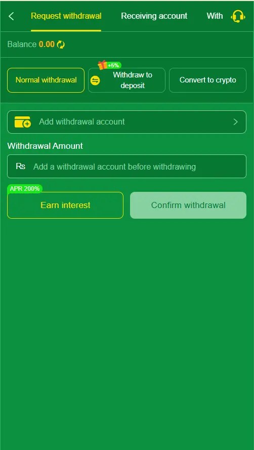 Pak998 Game withdrawal screen for submitting a payment request