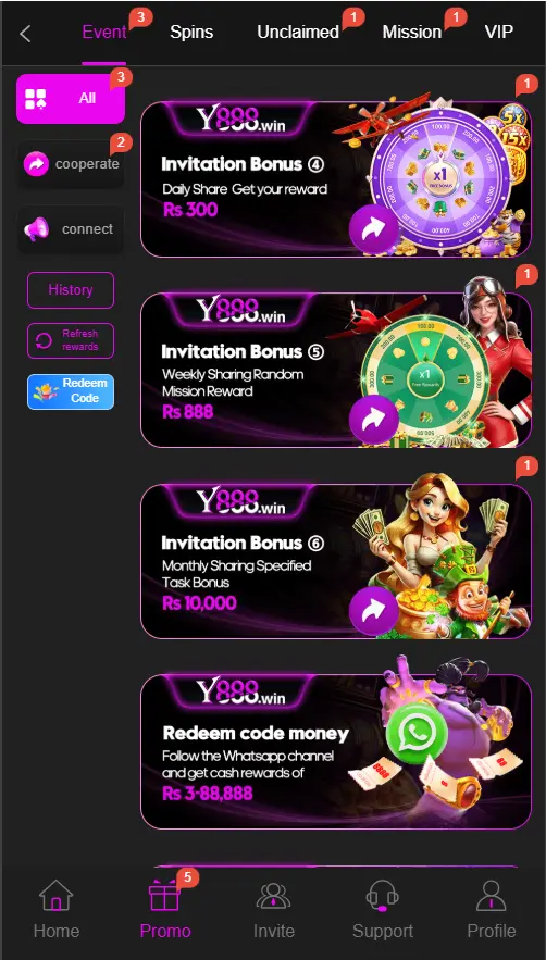 Y888 Game bonus page showing welcome rewards, deposit bonuses, cashback, and referral offers
