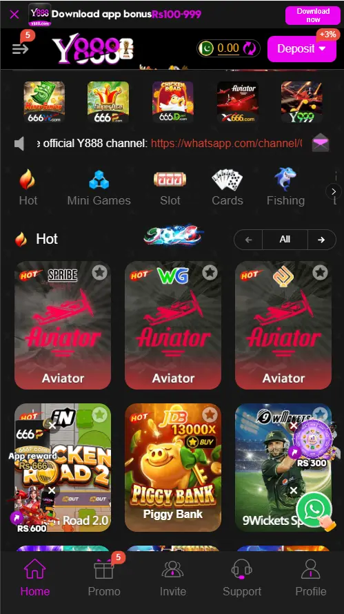 Y888 Game home screen showing game categories, wallet, bonuses, and account options