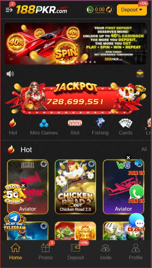 188PKR Game home screen showing the mobile dashboard