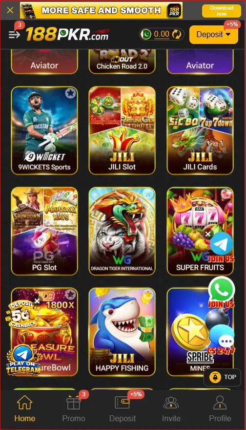 188PKR game categories and available mobile activities