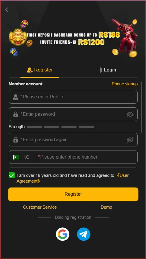 registration screen for creating a new account