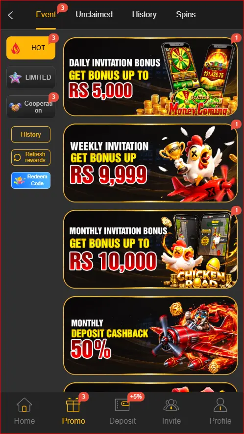 promotions and bonus section with available rewards
