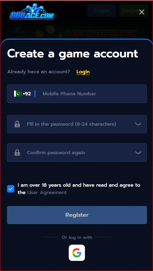 888 ACE Game registration form for creating a new account
