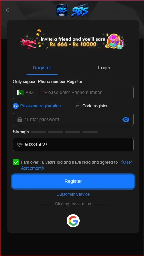 registration screen for creating a new account