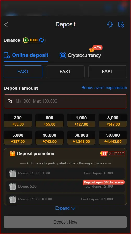 deposit screen showing available account payment options
