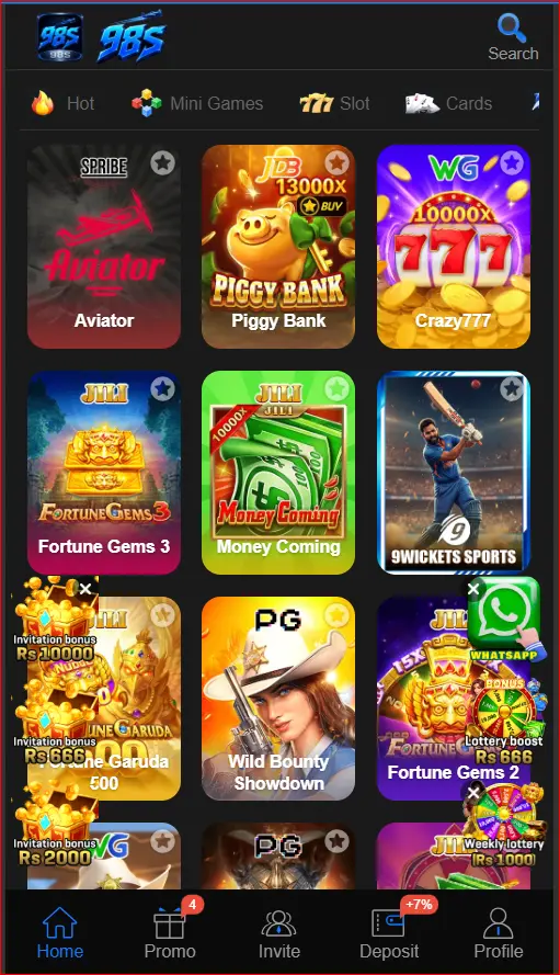 Available game categories displayed inside the 98S mobile app