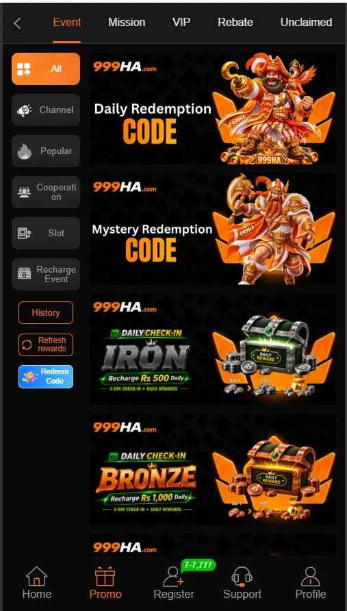 999HA Game promotions and bonus section