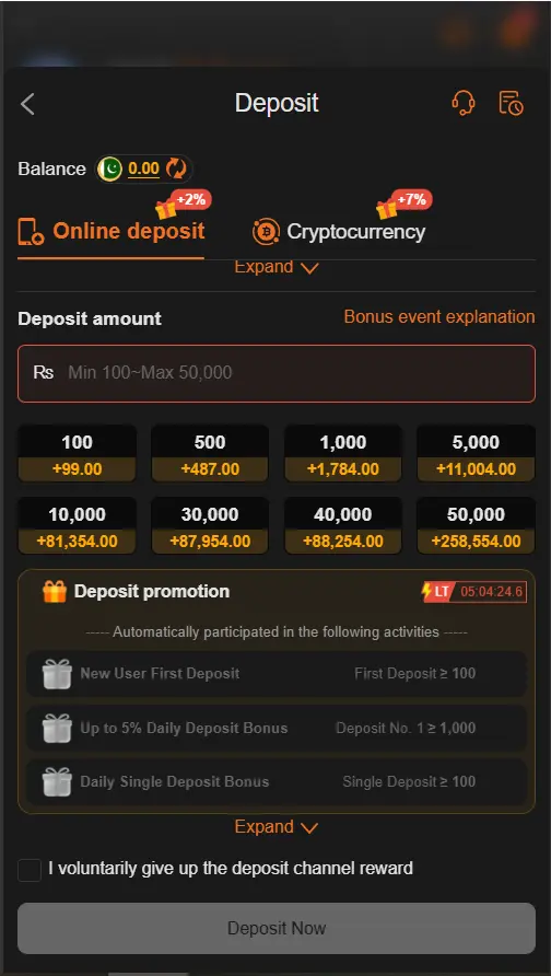 999HA Game deposit section with available payment options