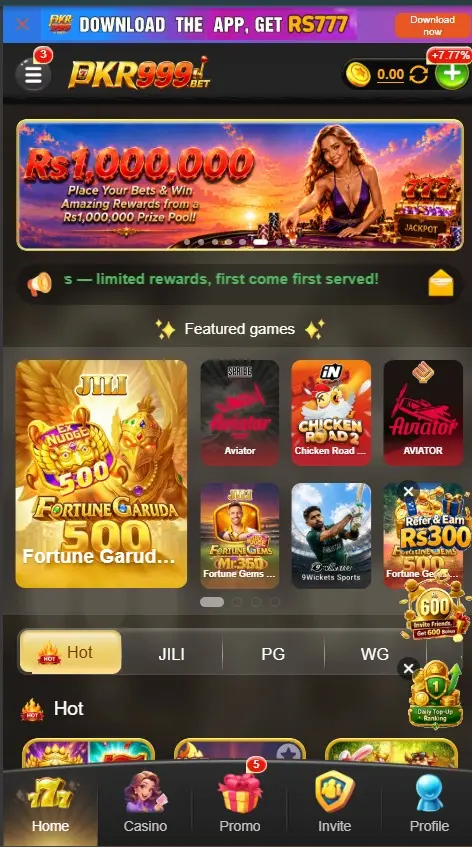PKR99 Game Home and Dashboard Screen