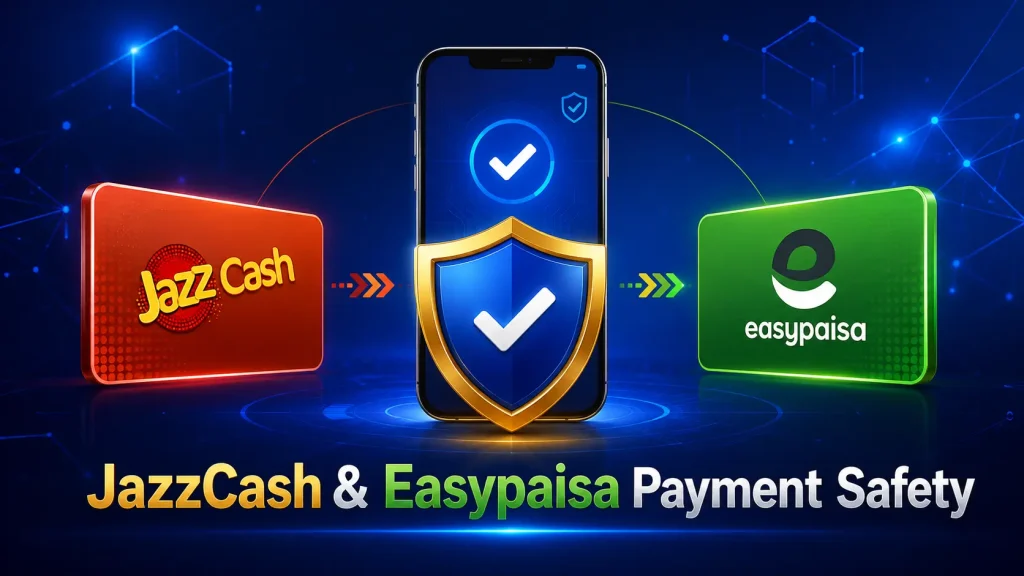 JazzCash and Easypaisa gaming payment safety banner with a mobile phone and security shield