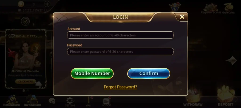 Royal X 777 login screen with account access fields