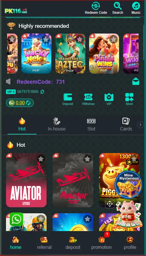 PK116 Game home screen showing mobile dashboard and game sections