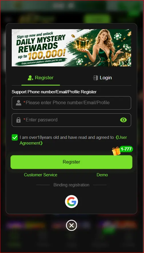 registration page for creating an account
