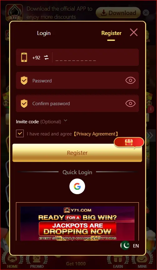 registration screen for creating an account