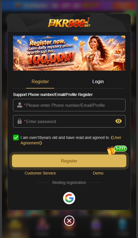 Register screen of PKR999 game Apk