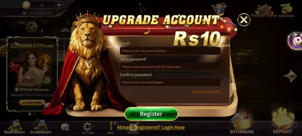 Royal X 777 registration form for creating a new user account