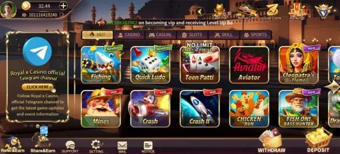 Royal X 777 home screen showing the main menu and navigation options