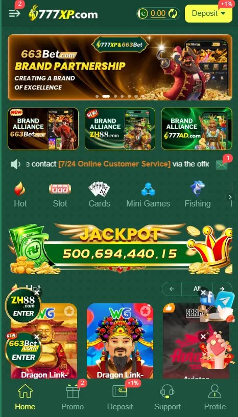 XP777 Game home screen showing mobile game options and account features