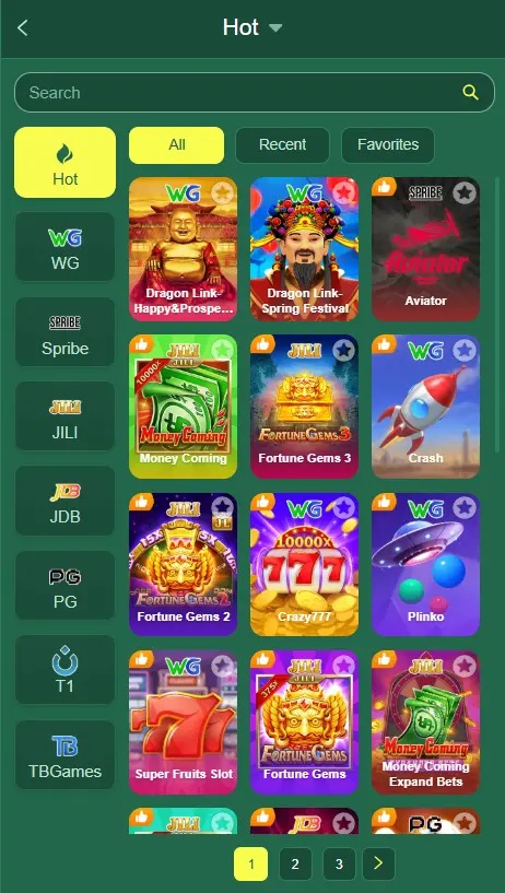 categories including card games, slots, fishing games, and mini games