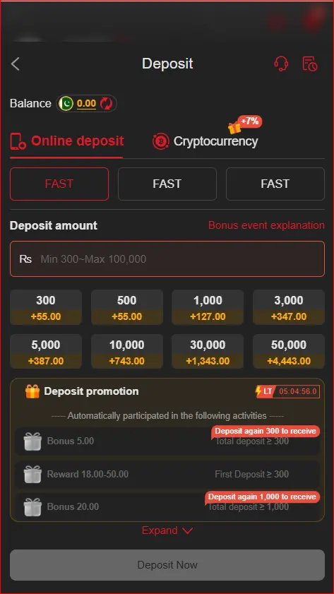 Game deposit section showing payment options