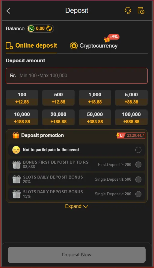deposit screen showing available payment methods
