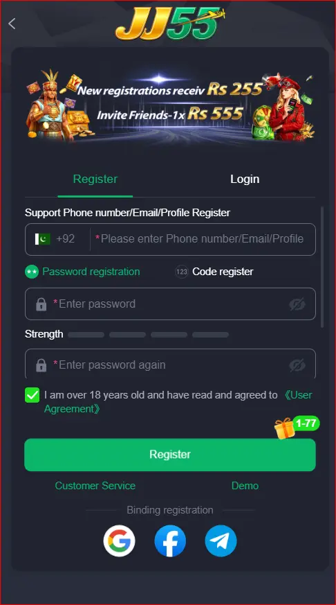 registration screen for creating a new account