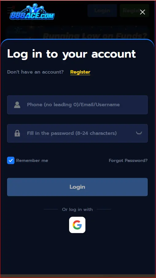 888 ACE Game login screen for accessing a registered account