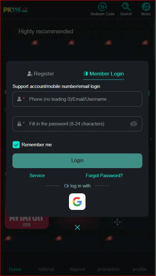 login screen with account access fields