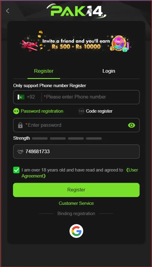 registration page for creating an account