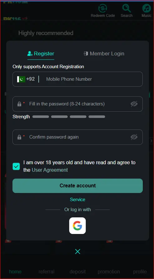 registration page for creating a new account