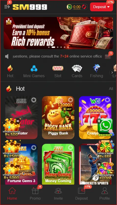 home screen showing main mobile interface