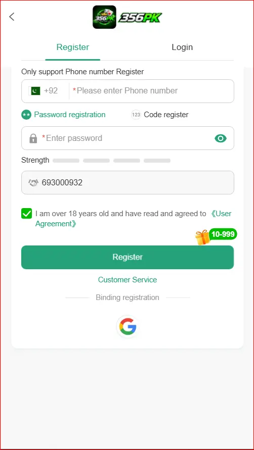 registration screen for creating a new account