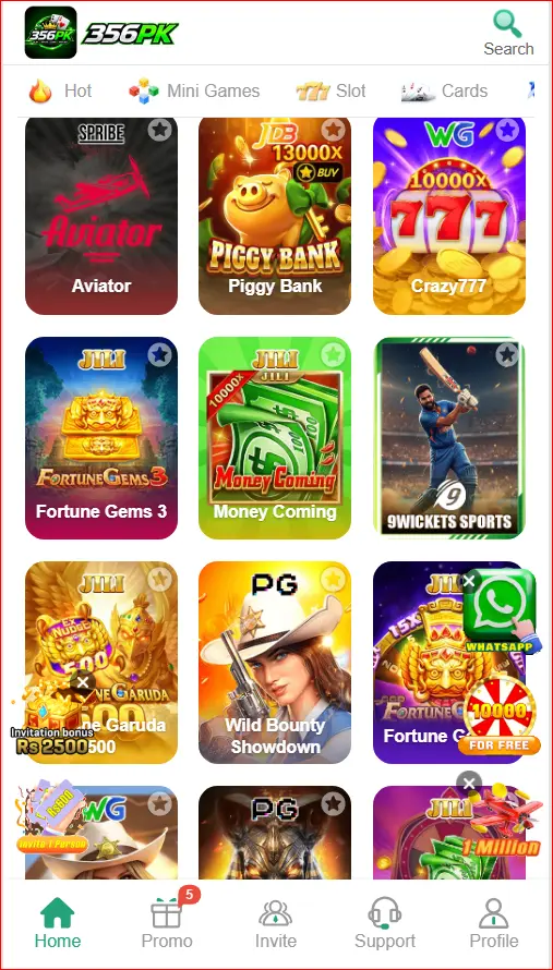 Available game categories displayed inside the 356PK Game app