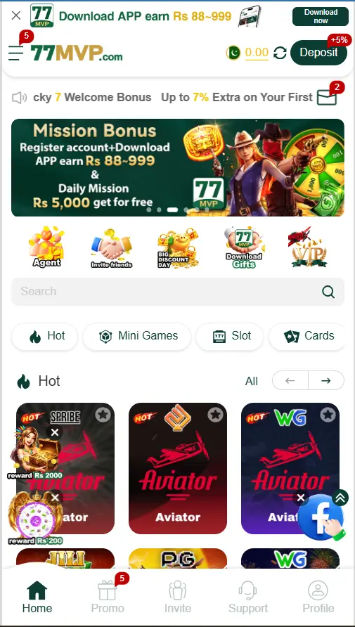 77MVP Game home screen showing the main mobile dashboard