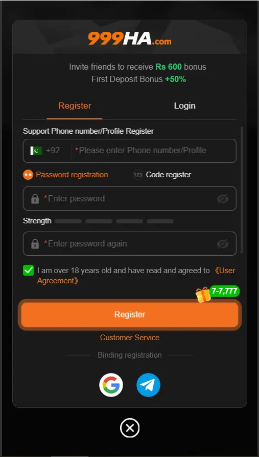 registration page for creating a new account