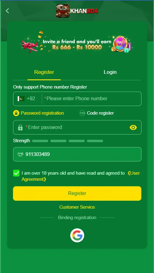 Registration form for creating a new Khan804 account