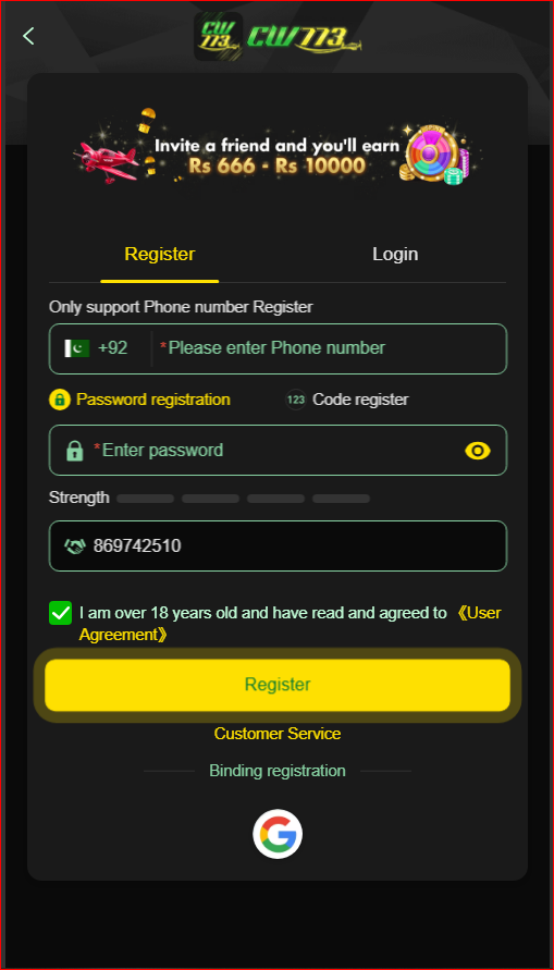 registration page for creating an account