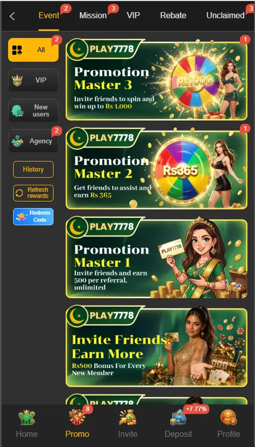 Play7778 Game promotions screen showing current bonus offers