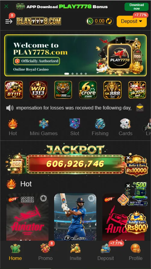 Play7778 Game home screen showing main gaming and account options
